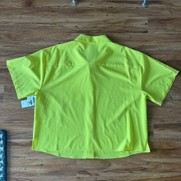 NWT NEON Florescent Yellow Highlighter DKNY Button Up Short Sleeve Shirt Blouse - Picture 2 of 5